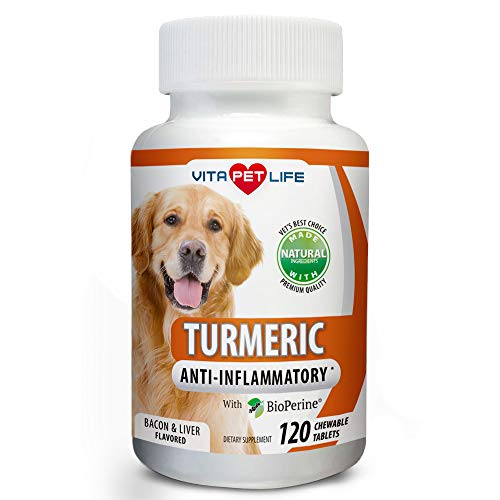 Product Cover Turmeric for Dogs, Curcumin and BioPerine Anti Inflammatory Supplement, Antioxidant, Promotes Pet Mobility and Pain Relief, Prevents Joint Pain and Inflammation, 120 Natural Chew-able Tablets.