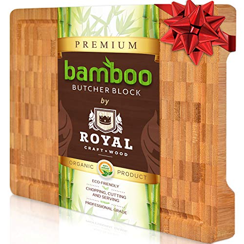 Product Cover Thick Bamboo Wood Cutting Board / Kitchen Butcher Block - Heavy Duty Chopping Board With Juice Grooves and Handles. Best for Carving Meat, Fish and Chicken | Perfect Housewarming Gift