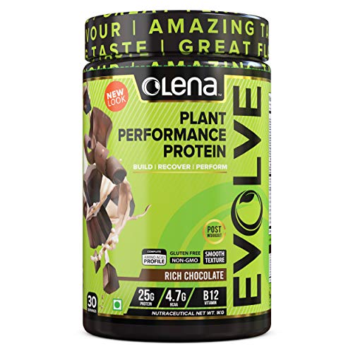 Product Cover Olena EVOLVE Vegan Performance Plant Protein, 25G Protein, Rich Chocolate Flavour, Digestive Enzymes, Vitamin B12, Recovery Antioxidants, 1kg (30 Servings, No Sugar Added)
