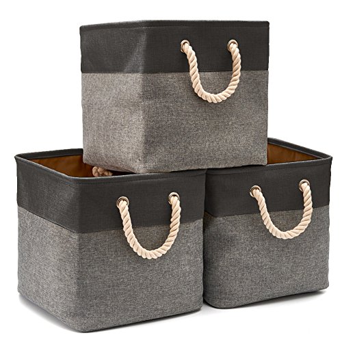 Product Cover EZOWare 3-Pack Collapsible Storage Bins Basket Foldable Canvas Fabric Tweed Storage Cubes Set with Handles for Babies Nursery Toys Organizer (13 x 13 x 13 inches) (Black/Gray)