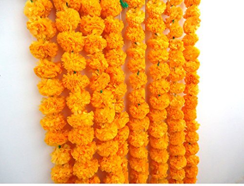 Product Cover Craffair artificial marigold flower strings orange color, party backdrop, party decoration, Indian theme party decor, photo prop, wedding decorations, housewarming decoration, 5 strings of 5 feet long