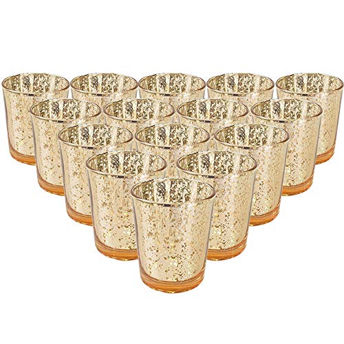 Product Cover Just Artifacts Mercury Glass Votive Candle Holder 2.75-Inch (15pcs, Speckled Gold) - Mercury Glass Votive Tealight Candle Holders for Weddings, Parties and Home Décor