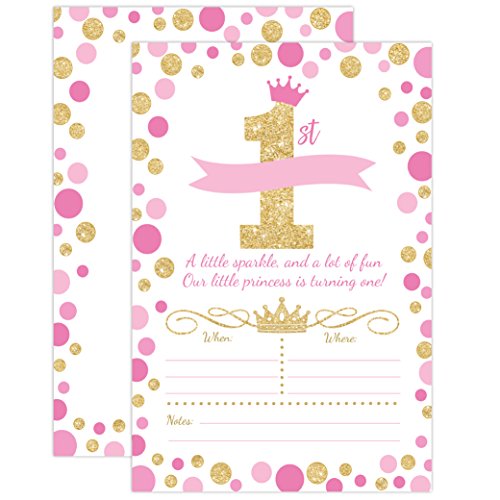 Product Cover Princess Birthday Invitations, Girl First Birthday Princess Party Invites, Pink and Gold 1st Birthday, 20 Fill In Style with Envelopes