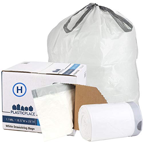 Product Cover Plasticplace W18528W11DCR Custom Fit Trash Bags │ Simplehuman Code H Compatible │ 8-9 Gallon / 30-35 Liter White Drawstring Garbage Liners │ 18.5
