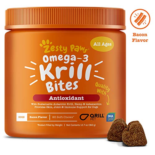 Product Cover Omega 3 Krill Fish Oil for Dogs - Hip & Joint Arthritis Relief + Skin & Coat Health Supplements - With Qrill Pet Meal & DHAgold + Hemp & Astaxanthin - Brain, Heart & Immune Support - 90 Chew Treats