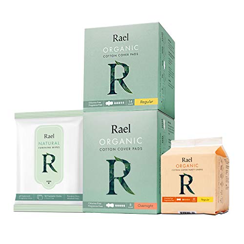 Product Cover Rael Organic Pads Value Packs-Organic Cotton Regular Pads, Overnight Pads, Regular Liners and Natural Feminine Wipes by Rael (Overnight Set)
