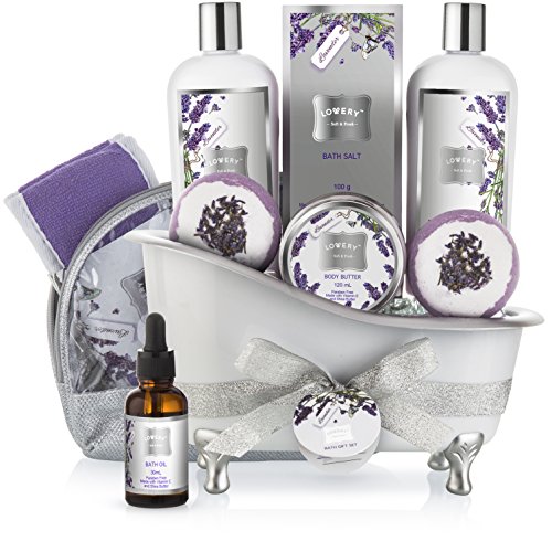 Product Cover Bath Gift Basket Set for Women: Relaxing at Home Spa Kit Scented with Lavender and Jasmine - Includes Large Bath Bombs, Salts, Shower Gel, Body Butter Lotion, Bath Oil, Bubble Bath, Loofah and More