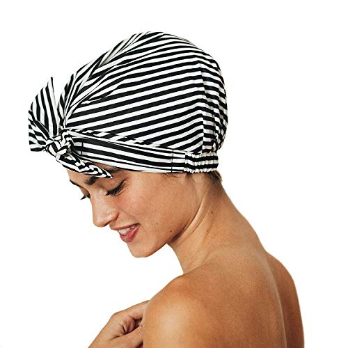 Product Cover Kitsch Luxury Shower Cap for Women - Waterproof, Reusable Shower Caps (Black and White Stripe)