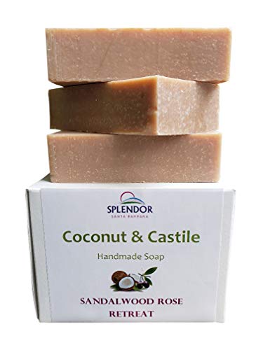 Product Cover Sandalwood Rose Coconut Castile Face & Body Bar Soap with ORGANIC Shea butter. Handmade USA, Vegan, Natural, Moisturizing.