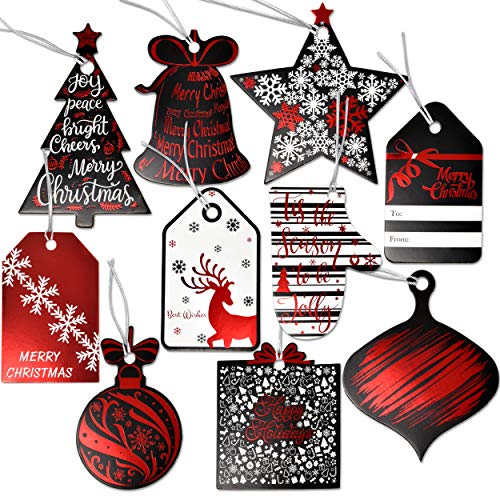 Product Cover 120 Christmas Gift Tags with Ribbon Tie Strings Attached 10 Elegant Red Foil Black & White Designs Personalized Holiday Name Tag Labels Write On to and from for Gift Bags Wrapping Presents & Packages