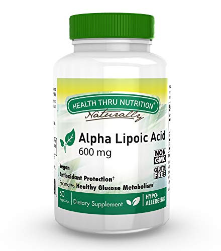 Product Cover Alpha Lipoic Acid (ALA) 600mg 60 Vegecaps - Vegan, Non-GMO, Gluten Free, Hypoallergenic and Free from Common excipients Such as Magnesium Stearate and Silica, by Health Thru Nutrition.