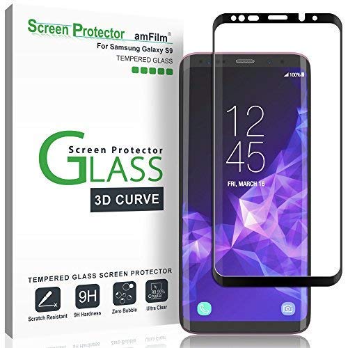 Product Cover amFilm Glass Screen Protector for Samsung Galaxy S9, 3D Curved Tempered Glass, Dot Matrix with Easy Installation Tray, Case Friendly (Black)