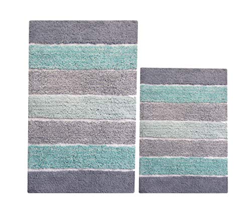 Product Cover Chardin Home - 100% Pure Cotton - 2 Piece Cordural Stripe Bath Rug Set, (24''x40'' & 17''x24'') Mint-Green with Latex spray non-skid backing