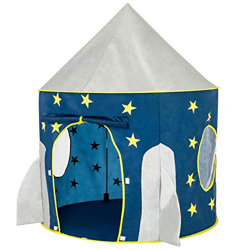 Product Cover FoxPrint Rocket Ship Tent - Space Themed Pretend Play Tent - Space Play House - Spaceship Tent for Kids - Foldable Pop Up Star Play Tent Blue