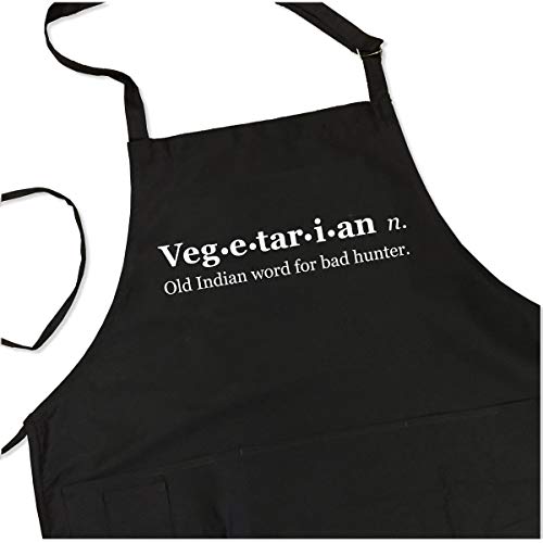 Product Cover Funny Vegetarian Apron - Old Indian Word for Bad Hunter - BBQ Apron for Dad - 1 Size Fits All Chef Quality Cotton 4 Utility Pockets, Adjustable Neck and Extra Long Waist Ties