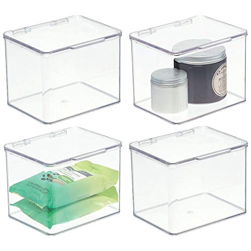 Product Cover mDesign Stackable Plastic Storage Bin Box with Hinged Lid Organizer for Vitamins, Supplements, Serums, Essential Oils, Medicine Pill Bottles, Adhesive Bandages, First Aid Supplies - 4 Pack - Clear