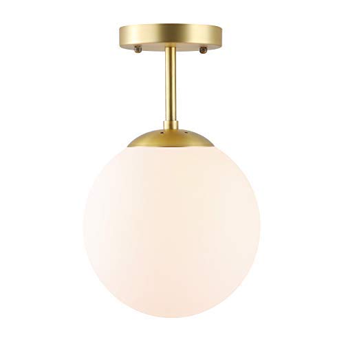 Product Cover Light Society Zeno Globe Semi Flush Mount Ceiling Light, Matte White with Brass Finish, Contemporary Mid Century Modern Style Lighting Fixture (LS-C176-BRS-MLK)