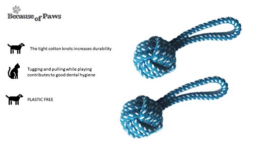 Product Cover Because of Paws Braided Set of 2 Rope Tug Ball Chew Toys - Durable, Fun, Colorful Shape - for Small/Young Dogs Only