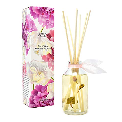 Product Cover LOVSPA Pink Peony Reed Diffuser Scented Stick Gift Set with Essential Oils and Real Flower Petals in The Bottle, Made in The USA