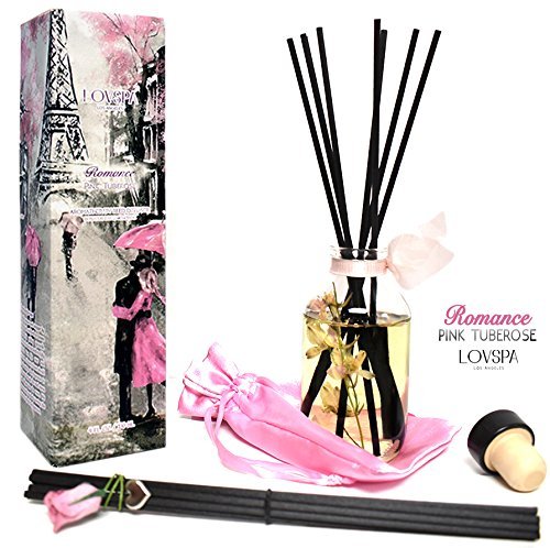 Product Cover LOVSPA Pink Tuberose Reed Sticks Diffuser Gift Set - Romance - Mexican Tuberose, Indian Jasmine and Moroccan Orange Flower Essential Oils, Made in The USA