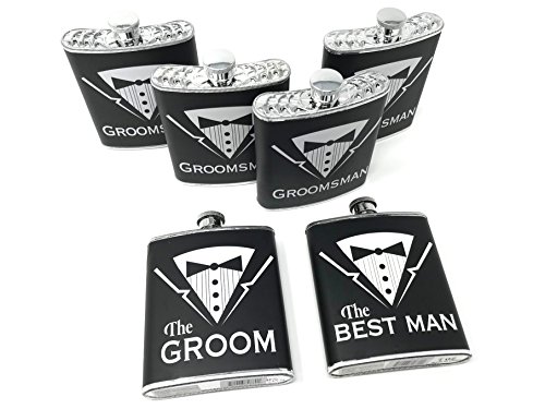 Product Cover Grooms Gifts - Set of 6 Groom, Best Man, Groomsman Bachelor Party Plastic Tuxedo Flasks