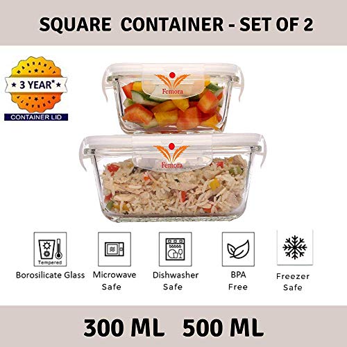 Product Cover Femora Borosilicate Square Glass Food Container with Air Vent Lid, 300ml, 500ml(Transparent) - Set of 2