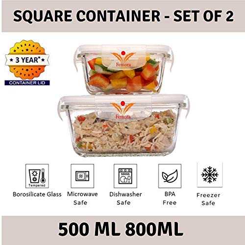 Product Cover Femora Borosilicate Glass Square Container with Air Vent Lid- 500 ML ,800 ML
