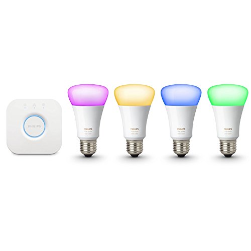 Product Cover Philips Hue 471960 60W Equivalent White and Color Ambiance Kits, 3rd Generation, Compatible with Alexa (4 White and Color Ambiance Bulb + Bridge) (Renewed)