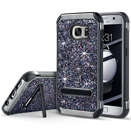 Product Cover UARMOR Case for Samsung Galaxy S7, Glitter Bling Rugged Shockproof Dirtproof Hybrid Slim Fit Case Sparkle Shiny Faux Leather Chrome Hard Case Cover, Black