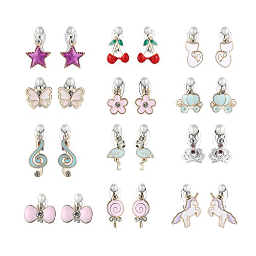 Product Cover PinkSheep Clip On Earrings for Little Girls, Flamingo Earrings Butterfly Earrings for Kids, 12 Pairs, Best Gift