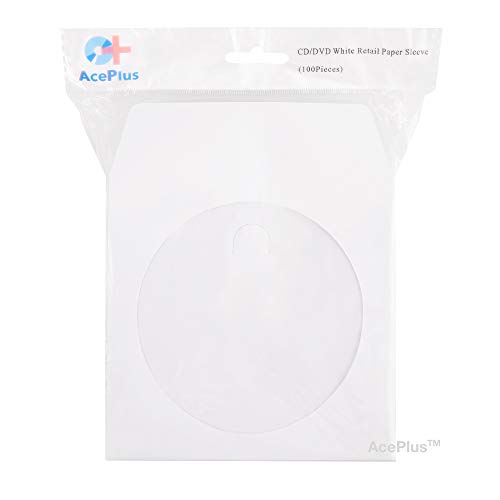 Product Cover AcePlus 1,000 Premium White Paper Sleeves 100g Weight for CD / DVDs - Envelopes with Clear Window and Flap with Close Tab (1 Box of 10 packs x 100 Sleeves)