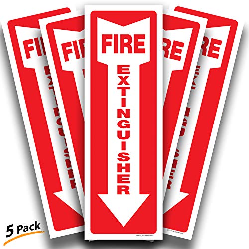 Product Cover Fire Extinguisher Signs Stickers - 5 Pack 4x12 Inch - Premium Self-Adhesive Vinyl Decal, Laminated for Ultimate UV, Weather, Scratch, Water & Fade Resistance, Indoor & Outdoor