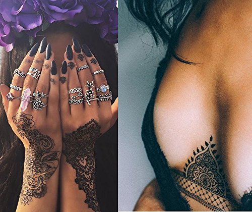 Product Cover 10 Sheets Black Lace Tattoos Temporary Paper Women Sexy Body Tattoo Sticker Water Transfer Tattoo for Professional Make Up Dancer Costume Party Shows