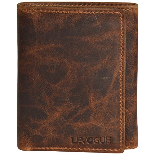 Product Cover Genuine COW VINTAGE Leather Handmade Mens RFID Blocking Slim Trifold Wallet with 6 Credit Card + 1 ID Window + 2 Note Compartments Wallet LEVOGUE, Cognac Vintage