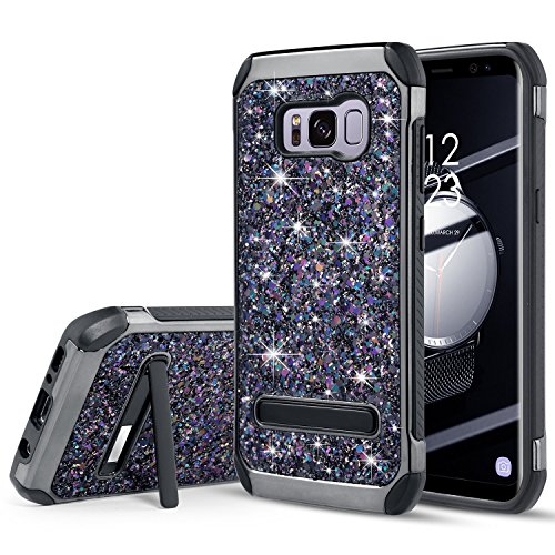 Product Cover UARMOR Case for Samsung Galaxy S8, Luxury Glitter Bling Rugged Shockproof Dirtproof Stand Hybrid Slim Sparkly Shiny Faux Leather Chrome Hard Case Cover, Black