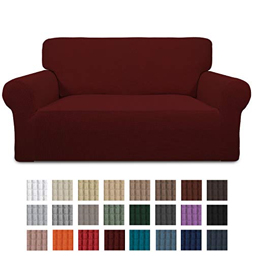 Product Cover Easy-Going Stretch Loveseat Slipcover 1-Piece Couch Sofa Cover Furniture Protector Soft with Elastic Bottom for Kids. Spandex Jacquard Fabric Small Checks(loveseat,Wine)