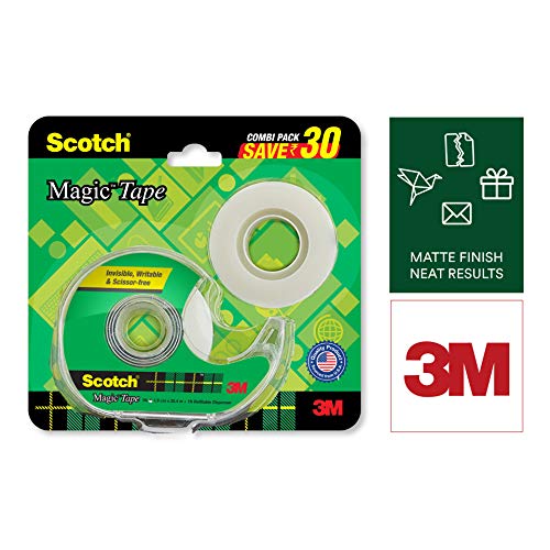 Product Cover Scotch Magic Tape - The Original Matte-Finish Invisible Tape by 3M, Super Saver Pack - 2 Rolls (Width 1.9cm Length 25.4m) + 1 Dispenser