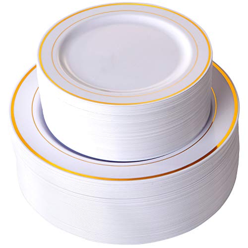 Product Cover 102 Pieces Gold Plastic Plates, White Party Plates, Premium Heavyweight Disposable Wedding Plates Includes: 51 Dinner Plates 10.25 Inch and 51 Salad/Dessert Plates 7.5 Inch