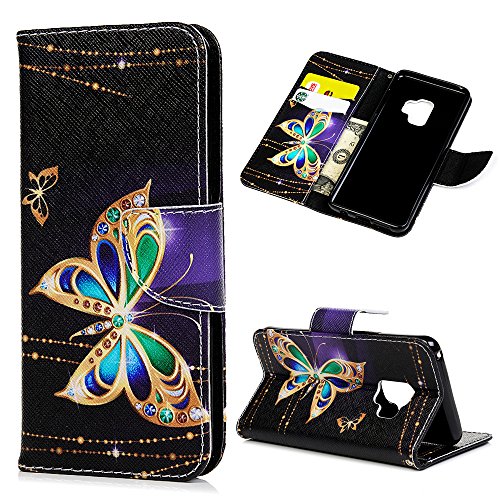 Product Cover MOLLYCOOCLE Galaxy S9 Wallet Case, Butterfly Black PU Leather Flip Folio Wallet Case with Slim Lightweight Shockproof TPU Cover Case for Samsung Galaxy S9
