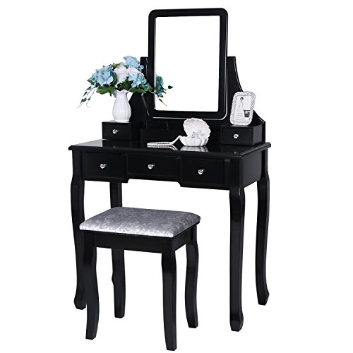 Product Cover BEWISHOME Vanity Table Set with Mirror & Cushioned Stool Dressing Table Vanity Makeup Table 5 Drawers 2 Dividers Movable Organizers Black FST01H
