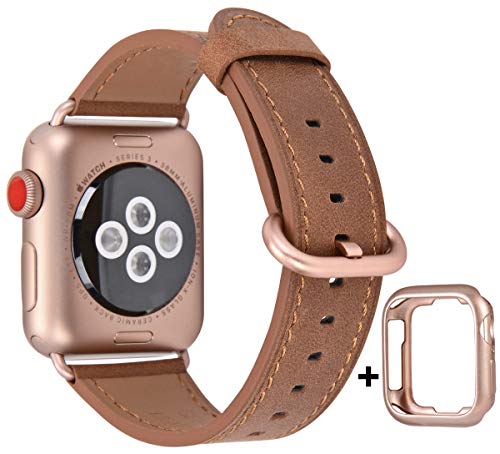 Product Cover JSGJMY Compatible with Apple Watch Band 38mm 40mm 42mm 44mm Women Men Genuine Leather Replacement Strap for iWatch Series 5 4 3 2 1 (Camel with Series 5/4/3 Rose Gold Clasp, 38mm/40mm S/M)
