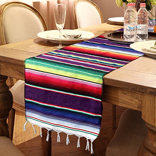 Product Cover OurWarm 14 x 84 inch Mexican Serape Table Runner for Mexican Party Wedding Decorations, Fringe Cotton Table Runner