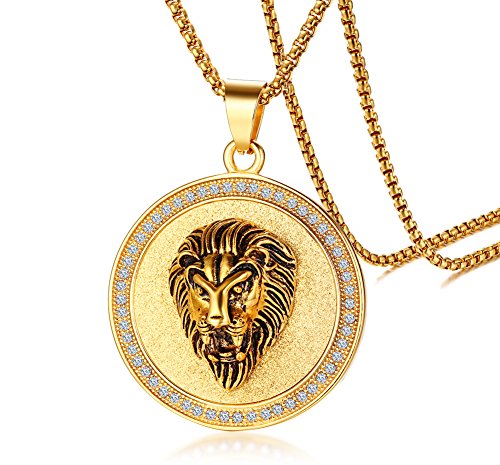 Product Cover Gold Plated Stainless Steel Circle of Rhinetstone Crystal Lion Head Round Pendant for Men,24