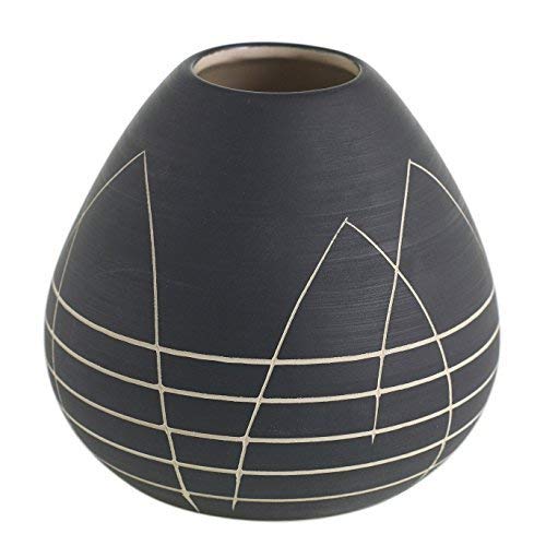 Product Cover Black Round Bud Vase w/ Etched White Design - 4 x 4 Inches - Everlane Short Matte Pot w/ Geometric Pattern - Global and Modern Vase Decor for Home or Office
