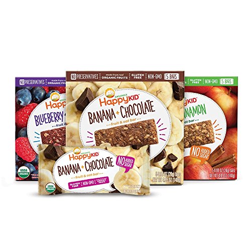 Product Cover Happy Kid Organic Fruit & Oat Bar, 5 Count Box (Variety Pack of 3) Apple & Cinnamon Banana & Chocolate Blueberry & Raspberry, Chewy Oat Bars w/Fruits & Whole Grains, Kids Snack