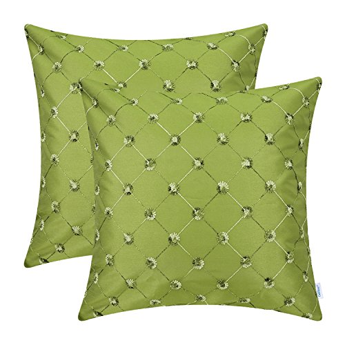 Product Cover CaliTime Pack of 2 Cushion Covers Throw Pillow Cases Shells for Sofa Couch Home Decoration 18 X 18 Inches Modern Diamonds Shape Geometric Chain Embroidered Olive Green