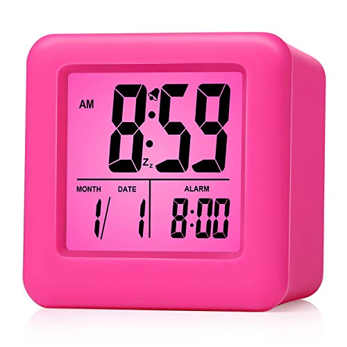 Product Cover Plumeet Easy Setting Travel Alarm Clock with Snooze, Soft Night Light,Cute Silicone Cover, Digital Alarm Clock Large Display Time/Date/Alarm, Batteries Powered (Pink)