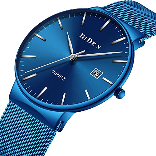 Product Cover BIDEN Men's Fashion Minimalist Wrist Watches Analog Quartz Watch Deep Date with blue Mesh Band