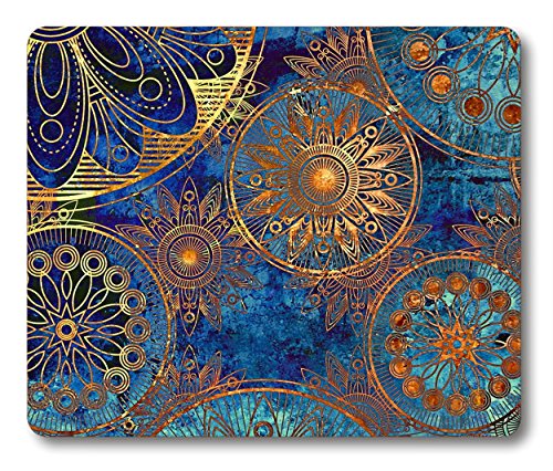 Product Cover Smooffly Non Slip Mouse Pad For Office, Computer, Laptop & Mac - Durable & Comfortable & Lightweight For Easy Typing-Art Grunge Stylized Damask Pattern With Circles Floral Ornament In Blue