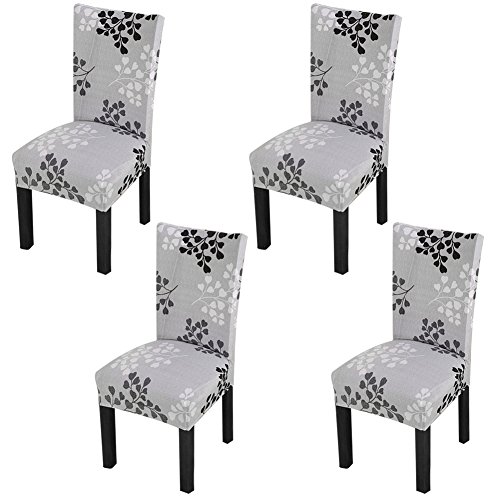 Product Cover YISUN Stretch Dining Chair Covers Removable Washable Short Dining Chair Protect Cover for Hotel,Dining Room,Ceremony,Banquet Wedding Party (Grey/Leaf Pattern, 4 PCS)